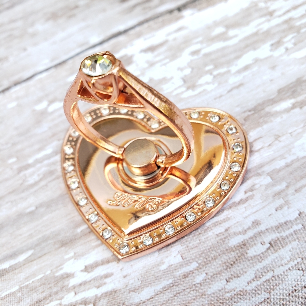 NWT Rose Gold Phone Grip Holder with Heart Base & Rhinestones